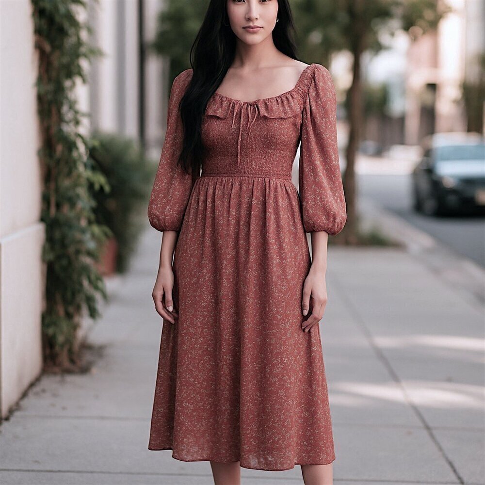 Code x Mode Anthropology Brown Purple Floral Smocked Prairie Maxi Dress Size XS